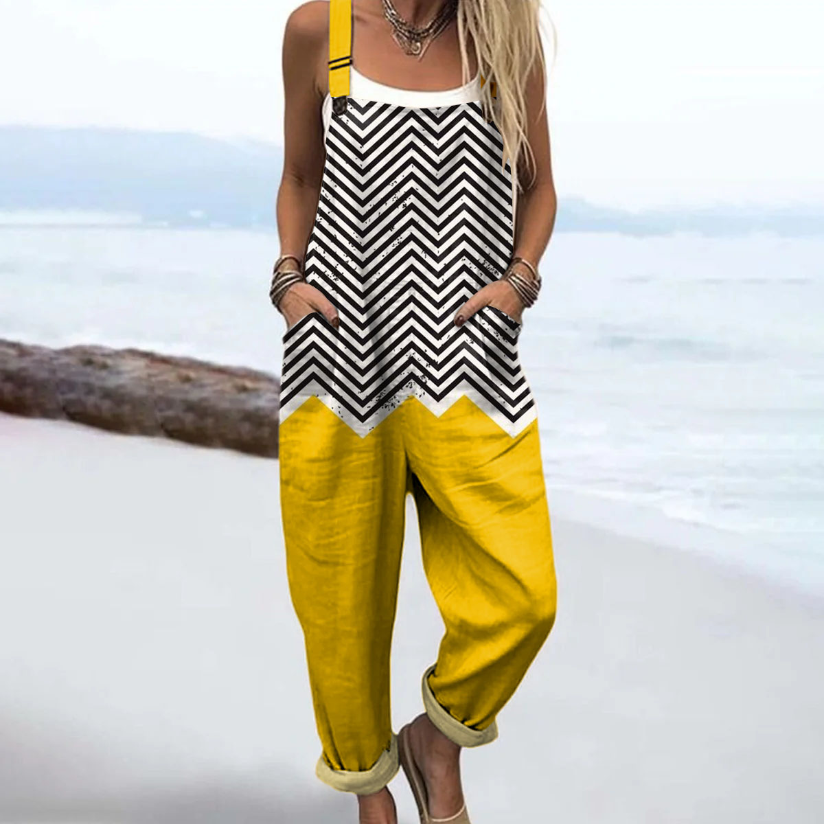 Women's Geometric Pattern Art Print Casual 100% Cotton Wide Leg Jumpsuit