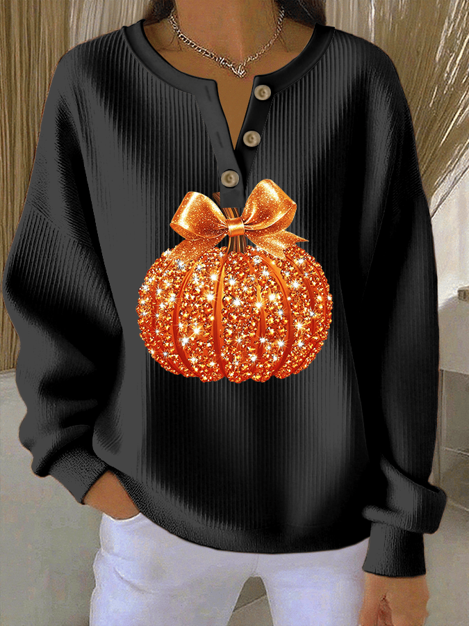Women's Autumn Pumpkin Print Knit Crew Neck Button-Down Long Sleeve Top