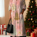 Women's Christmas Tree Art Print Pocket V-neck Cotton Dress