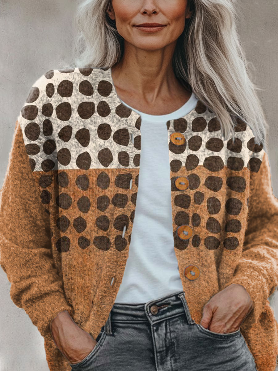 terracotta-black-dots-abstract-art-pattern-print-buttoned-cardigan-sweater