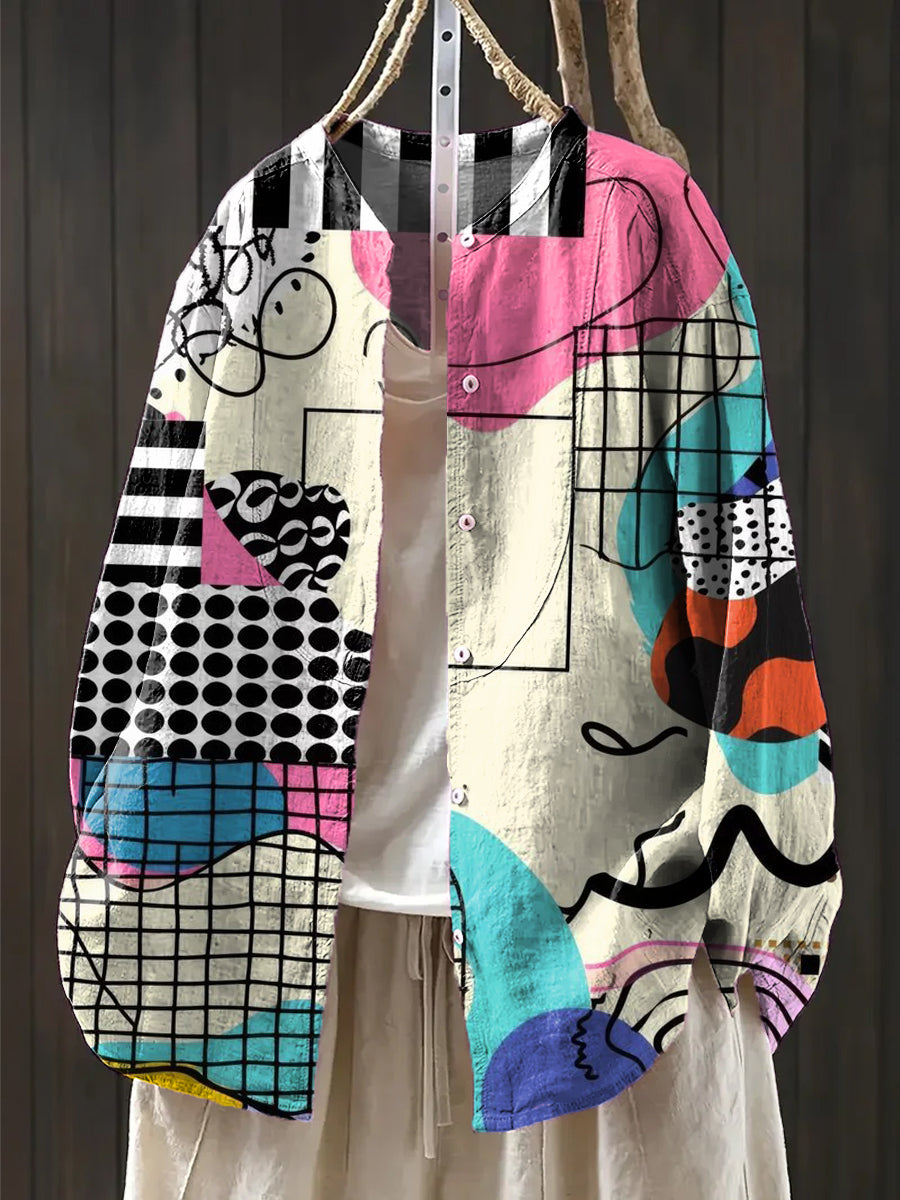 Women's Abstract Colorful Geometric Line Drawing Art Print Casual Cotton And Linen Shirt