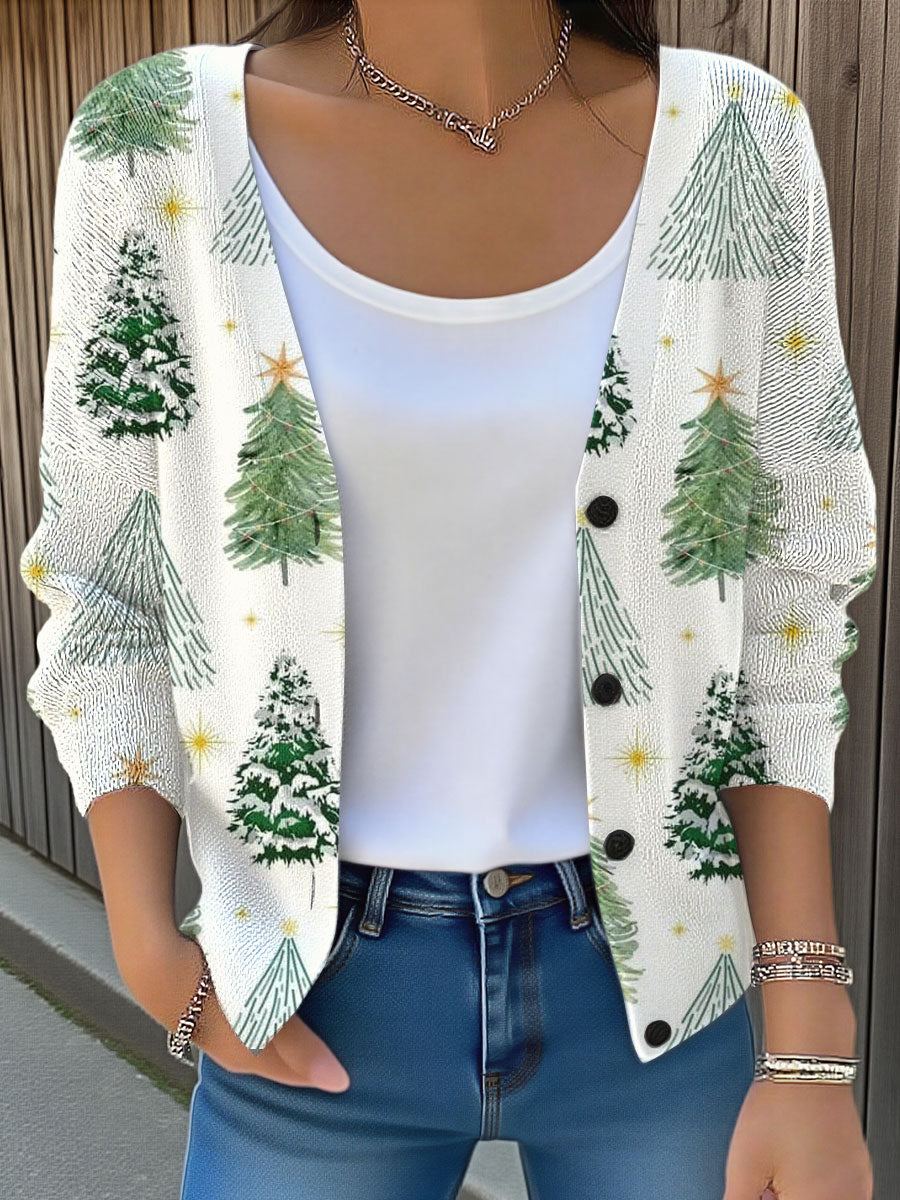 Vintage Christmas  Art Print Buttoned V-neck Cardigan Sweater
