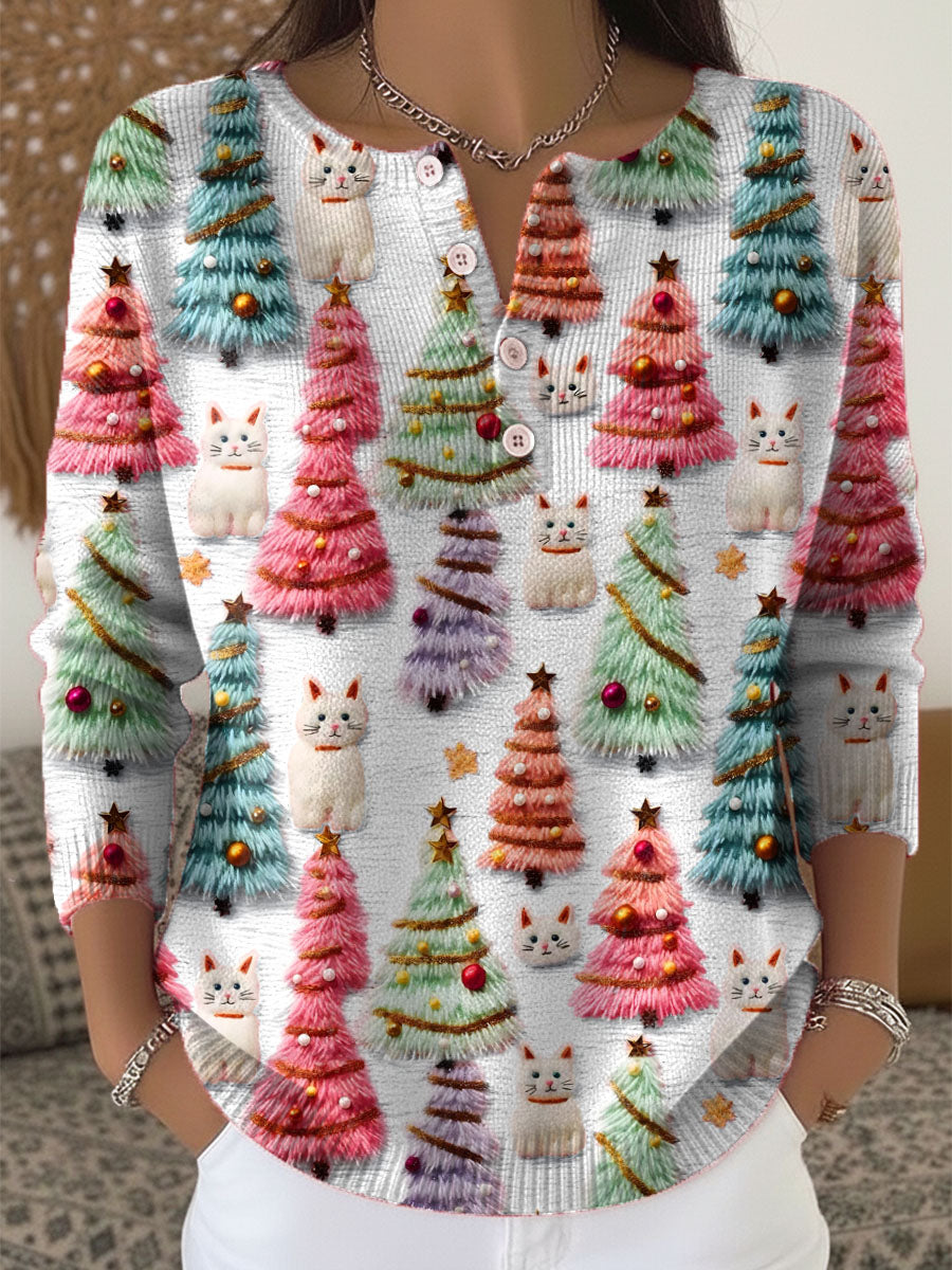 Women's Lovely Christmas Tree Cats Pattern Art Print Buttoned Cardigan Sweater