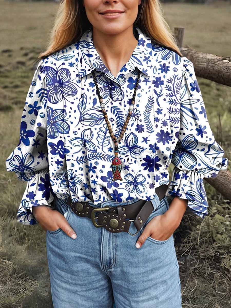 Women's Retro Floral Lapel Long Sleeve Pleated Casual Cotton and Linen Shirt