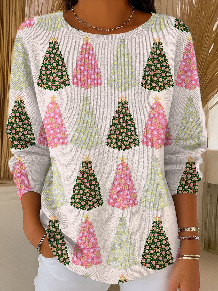 Women's Beautiful Winter Christmas Tree Drawing Art Print Casual Pullover Sweater
