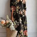 Damen-Kleid mit Vintage-Blumenmuster, lässigem Baumwoll-Leinen-Mischgewebe und Taschen 
