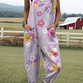 Women's  Vintage Flower Art Print Casual 100% Cotton Wide Leg Jumpsuit