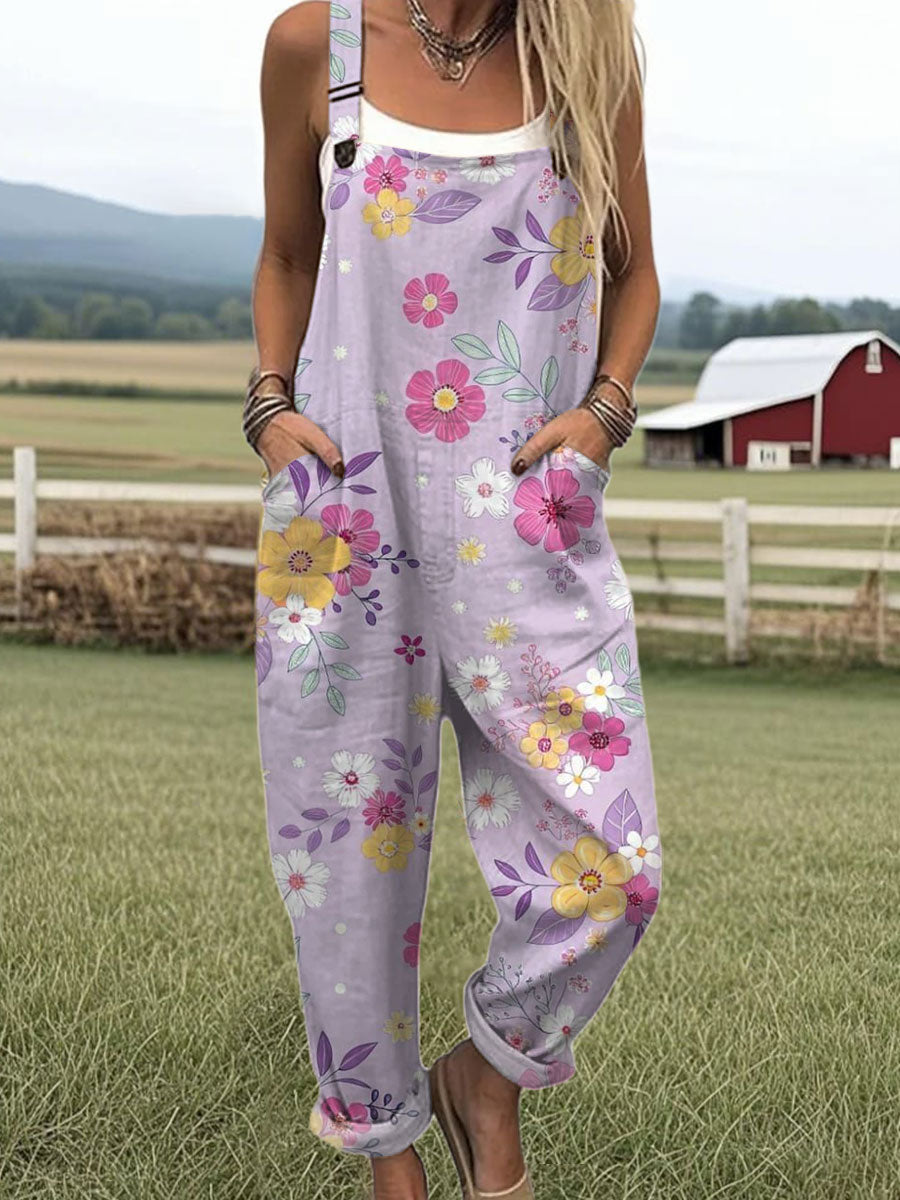 Women's  Vintage Flower Art Print Casual 100% Cotton Wide Leg Jumpsuit