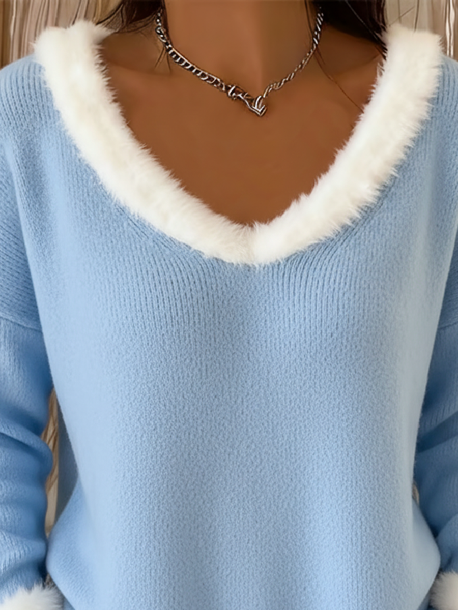 Cute Christmas V-neck Fur Collar Knitted Sweater Top