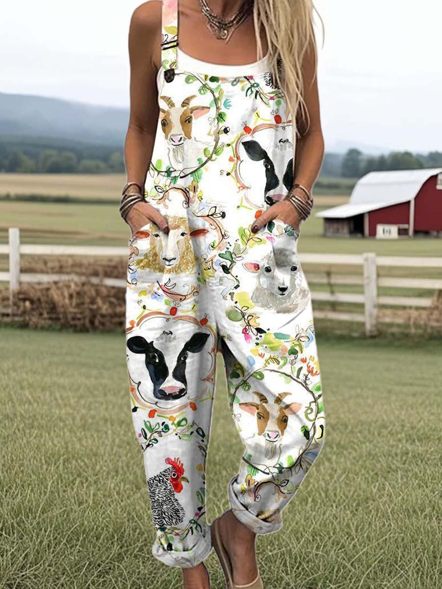 Women's Fun Farm Animals Print Casual 100% Cotton Wide Leg Jumpsuit