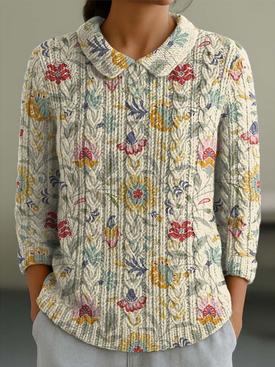 womens-vintage-floral-art-print-casual-peter-pan-collar-3-4-sleeve-sweater-8ilh