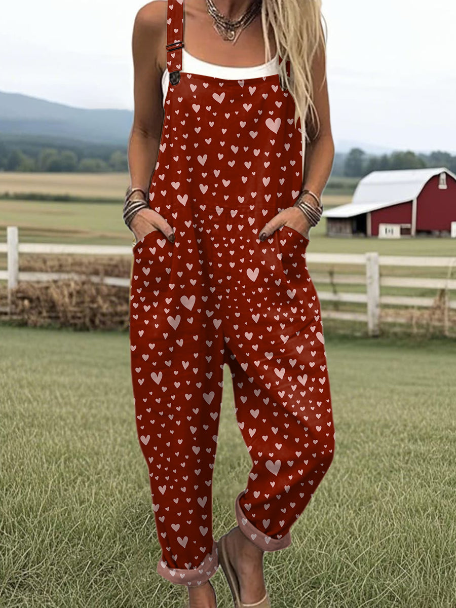 Women's Valentine's Day Love Art Print Casual 100% Cotton Wide Leg Jumpsuit