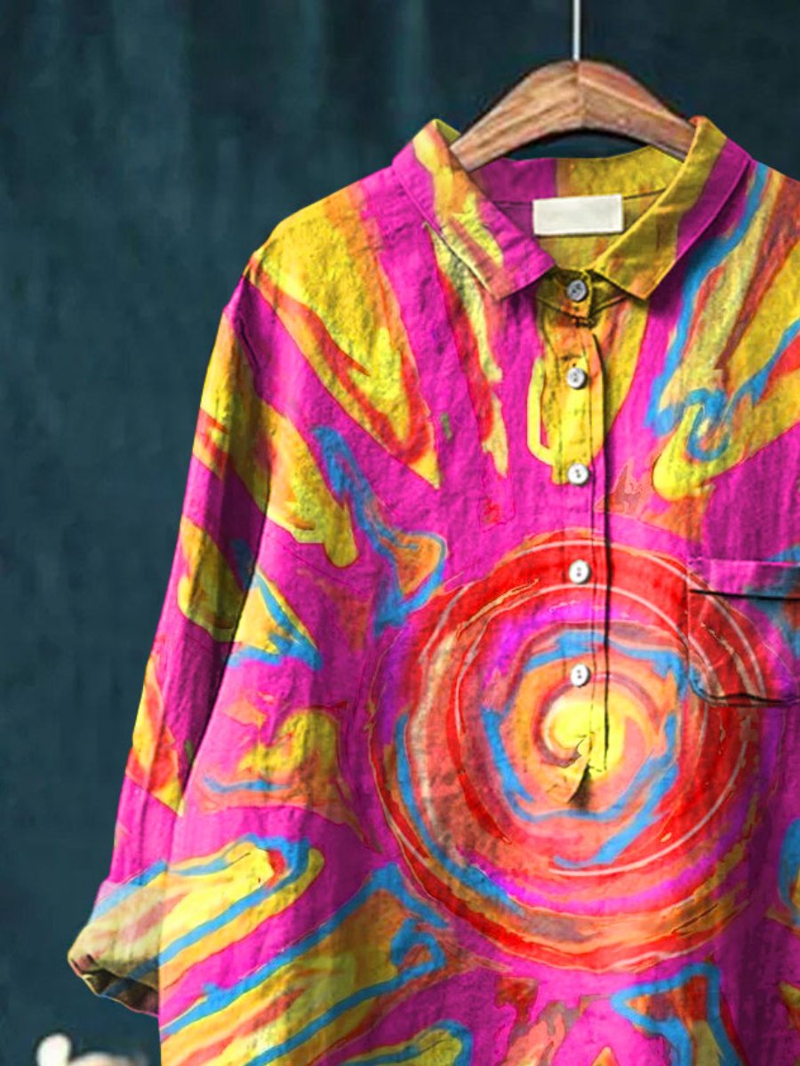 Abstrct Art Printed Women's Casual Cotton And Linen Shirt