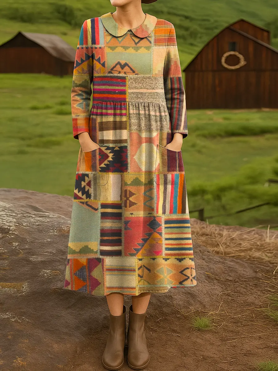 Women's Vintage Patchwork Pattern Art Print Casual Cotton Dress