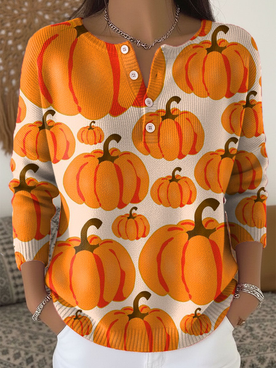 Women's Halloween Pumpkin Art Print Buttoned Cardigan Sweater