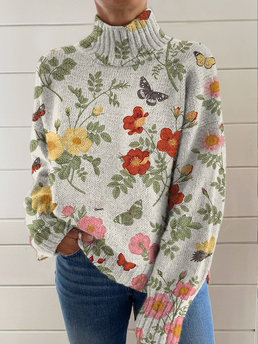 womens-retro-artistic-flowers-print-knit-turtleneck-pullover-sweater