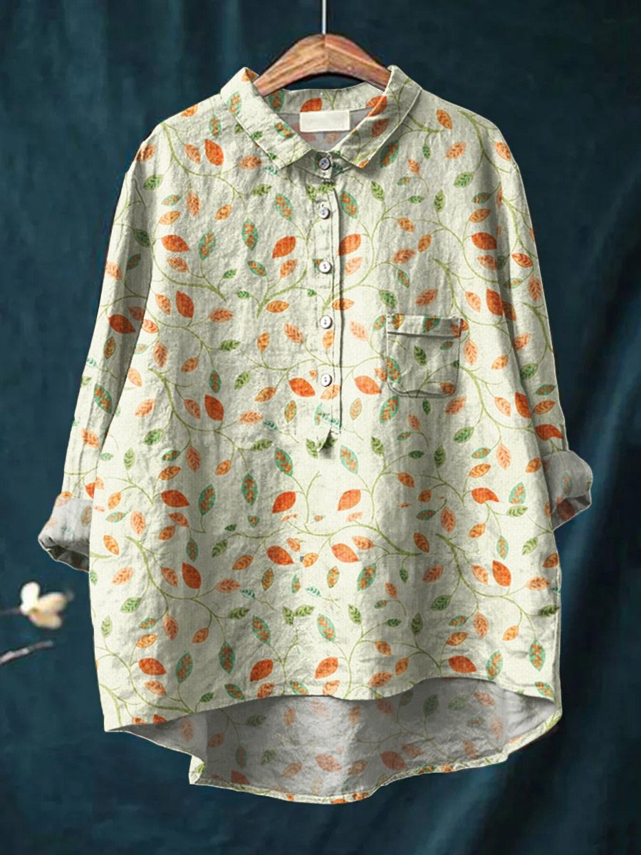 Women's Floral Art Print Casual Cotton And Linen Shirt
