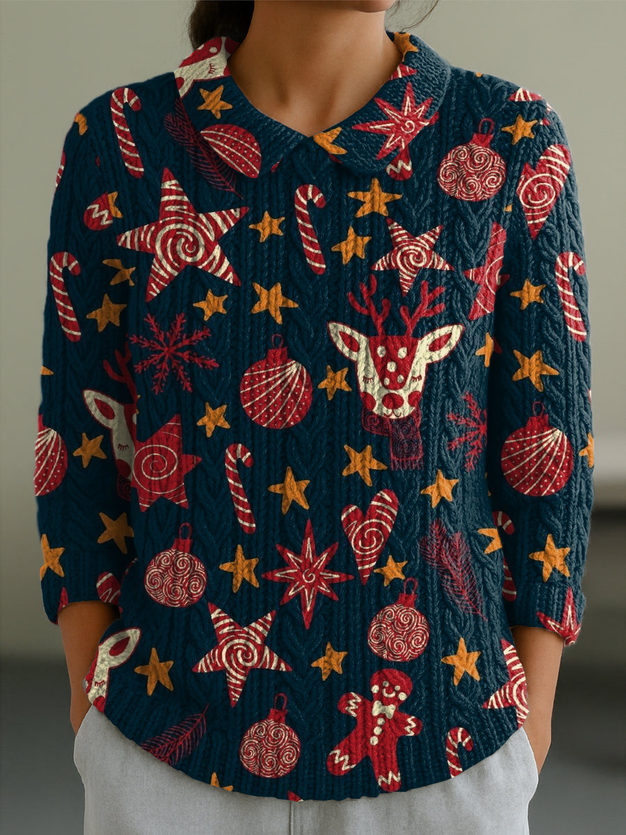 Women's Christmas Style Elk Print Casual Peter Pan Collar 3/4 Sleeve Sweater