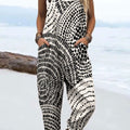Women's Vintage Abstract Geometric Line Art Print Casual 100% Cotton Wide Leg Jumpsuit