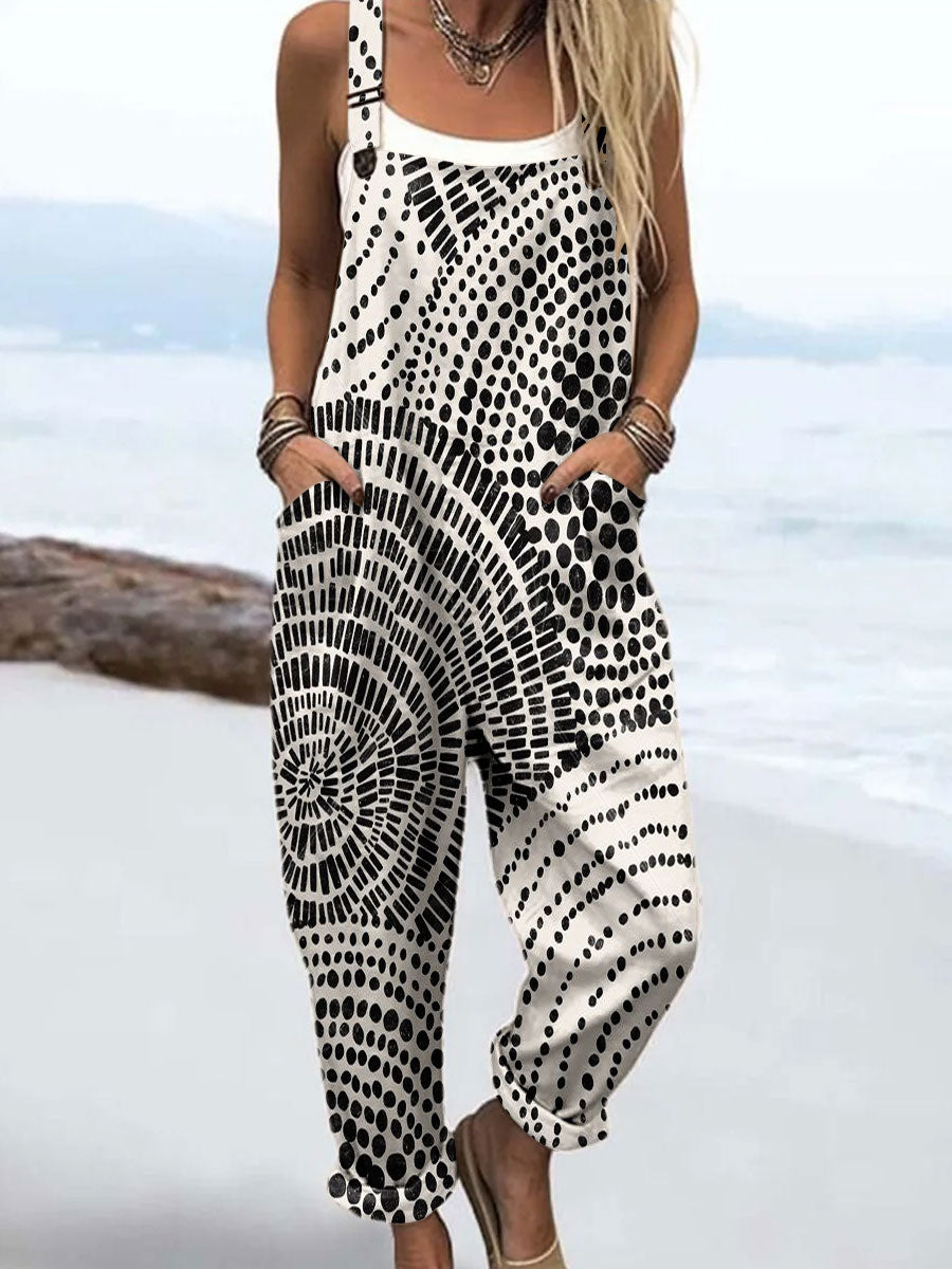 Women's Vintage Abstract Geometric Line Art Print Casual 100% Cotton Wide Leg Jumpsuit