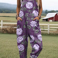 Women's Vintage Floral Art Print Casual 100% Cotton Wide Leg Jumpsuit
