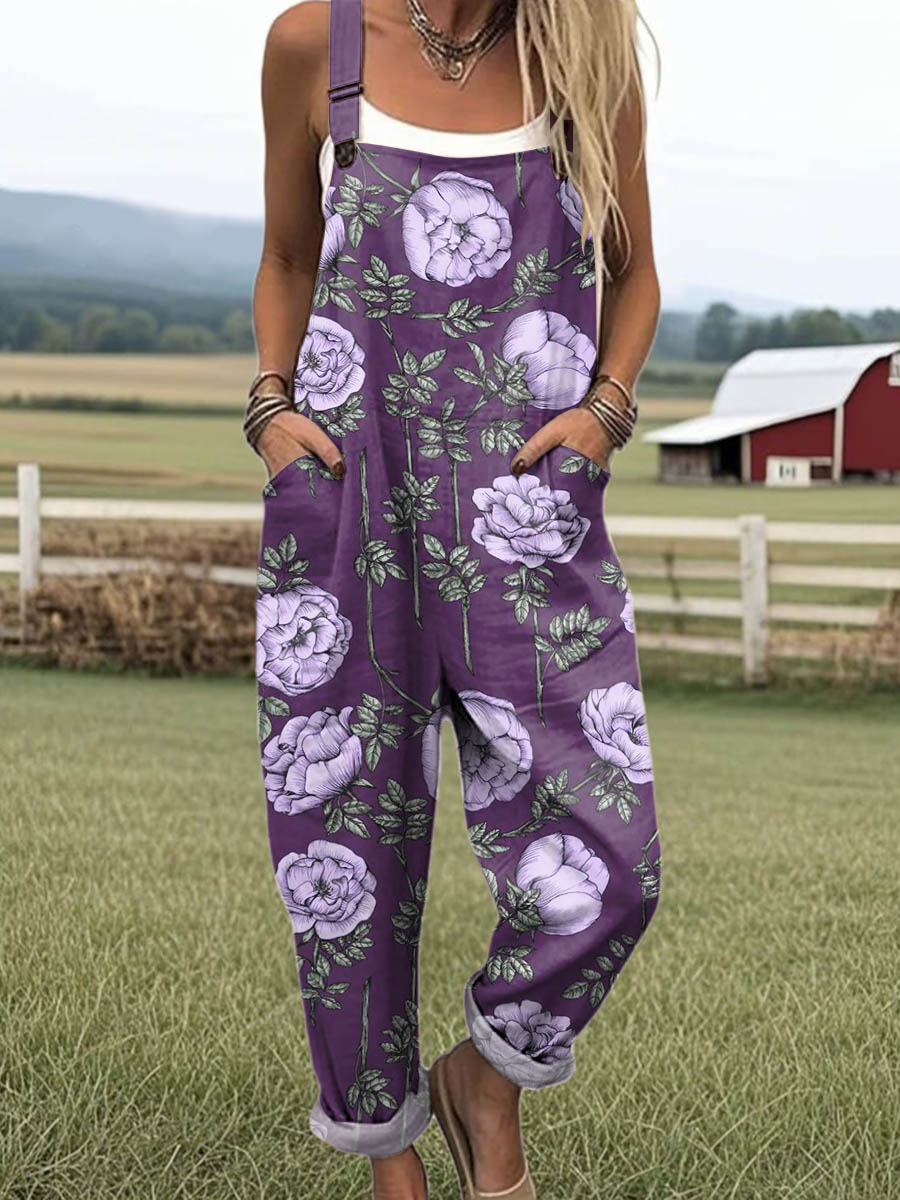 Women's Vintage Floral Art Print Casual 100% Cotton Wide Leg Jumpsuit