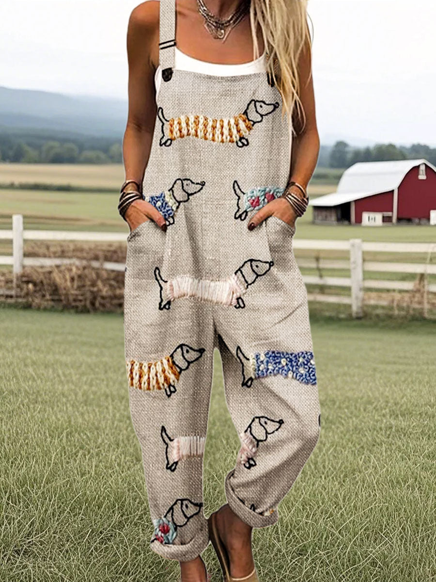 Women's Vintage Cute Dog Dachshund Print Casual 100% Cotton Wide Leg Jumpsuit