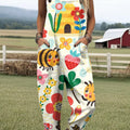 Women's Colorful Cute Flowers Bee Drawing Art Print Casual 100% Cotton Wide Leg Jumpsuit