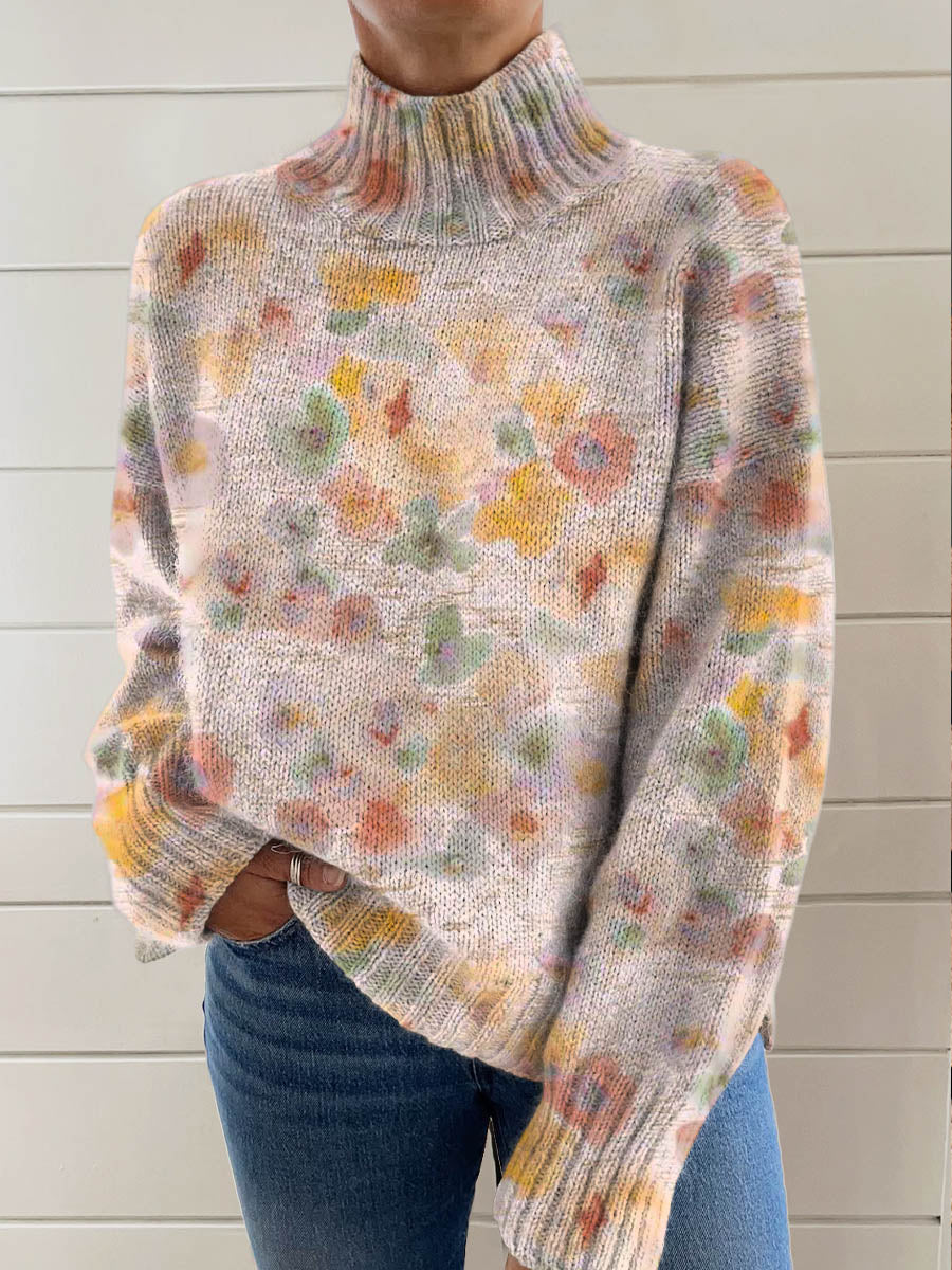 womens-floral-art-print-knit-turtleneck-pullover-sweater-ypyy