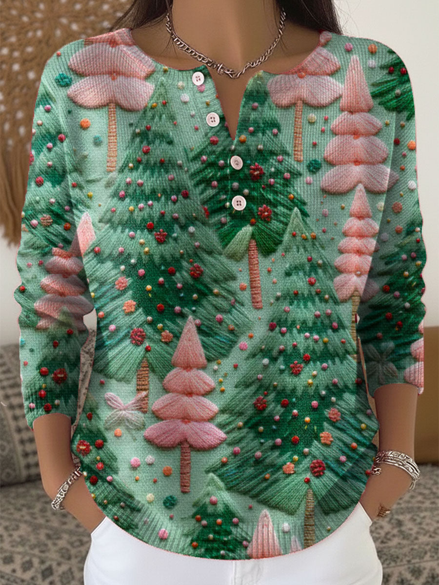 Women's Christmas Tree Art Print Buttoned Cardigan Sweater