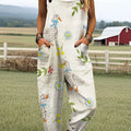 Women's Vintage Flower Ducks Print Casual 100% Cotton Wide Leg Jumpsuit