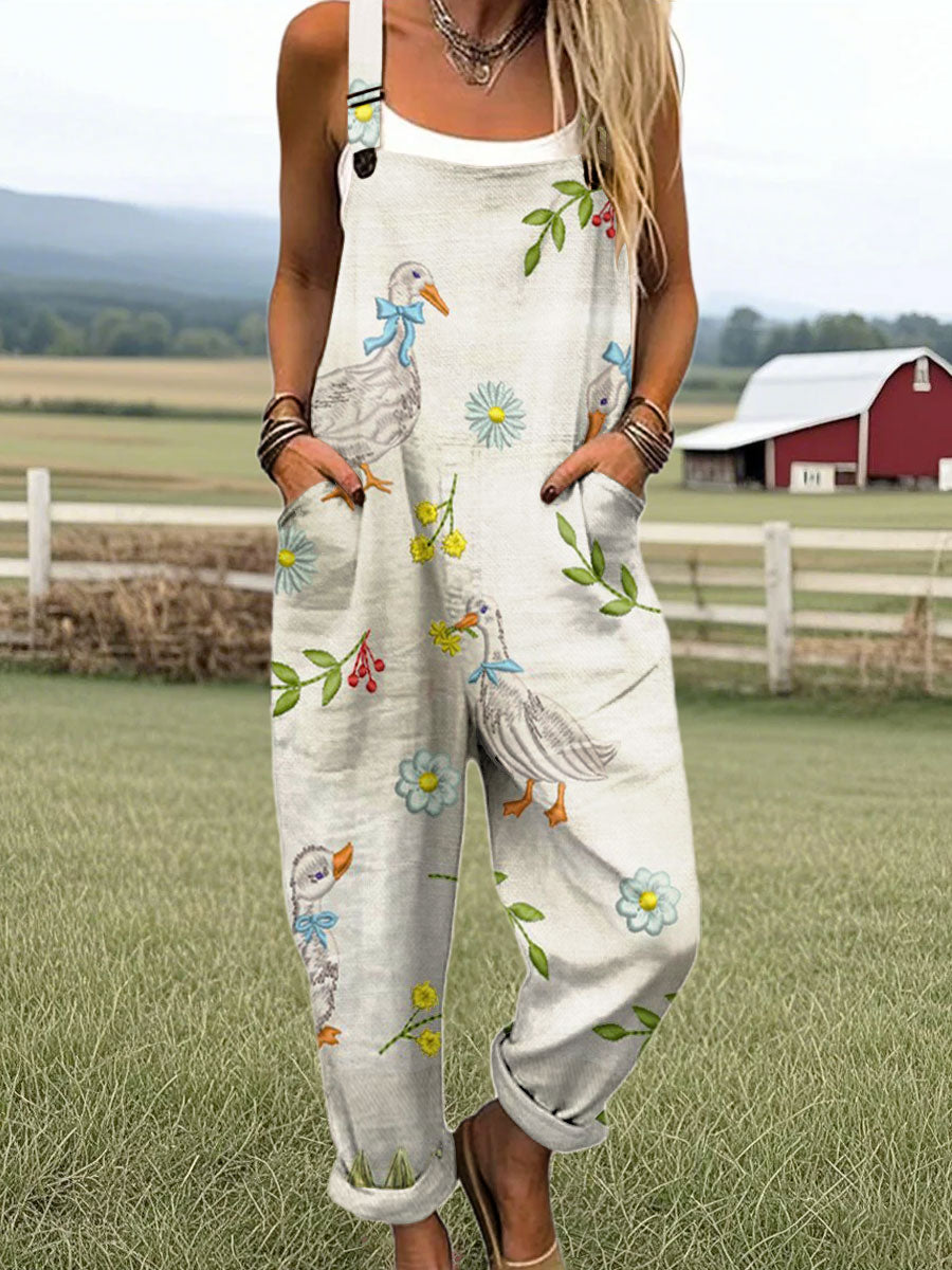 Women's Vintage Flower Ducks Print Casual 100% Cotton Wide Leg Jumpsuit