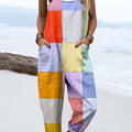 Women's Colorful Art Plaid Print Casual 100% Cotton Wide Leg Jumpsuit