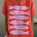 Lovely Sardine Fish Art Printed Women's Casual Cotton And Linen Shirt