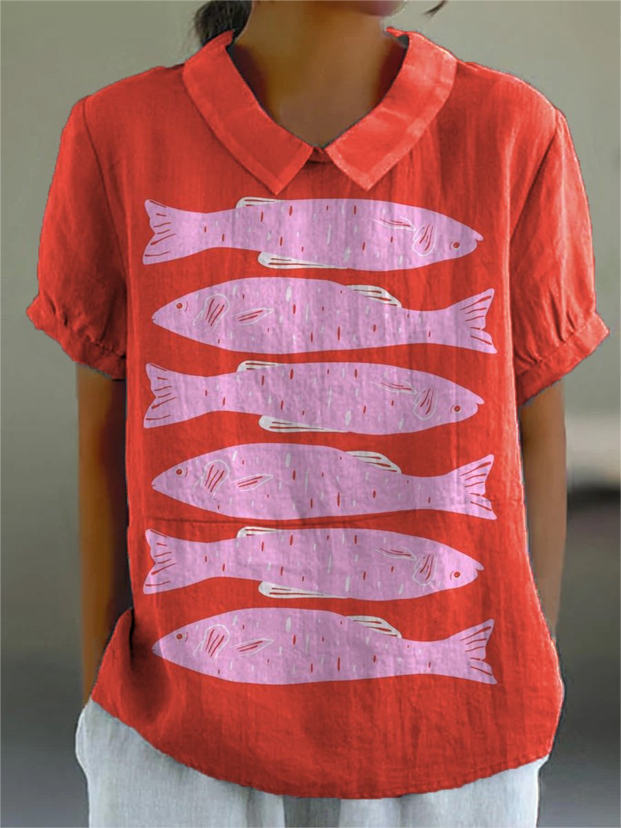 Lovely Sardine Fish Art Printed Women's Casual Cotton And Linen Shirt
