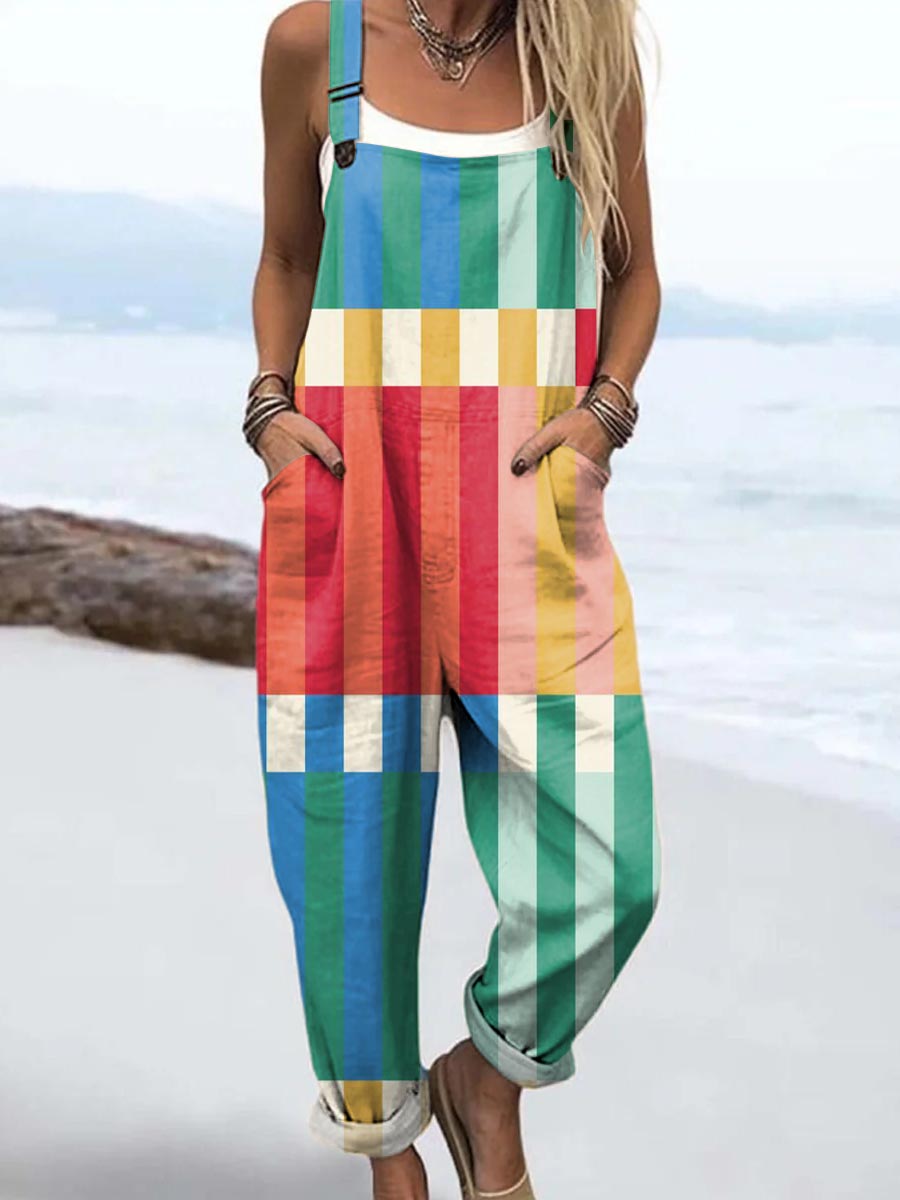 Women's Art Creative Colourful Geometry Print Casual 100% Cotton Wide Leg Jumpsuit