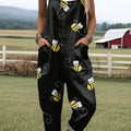 Women's Art Cute Bee Print Casual 100% Cotton Wide Leg Jumpsuit