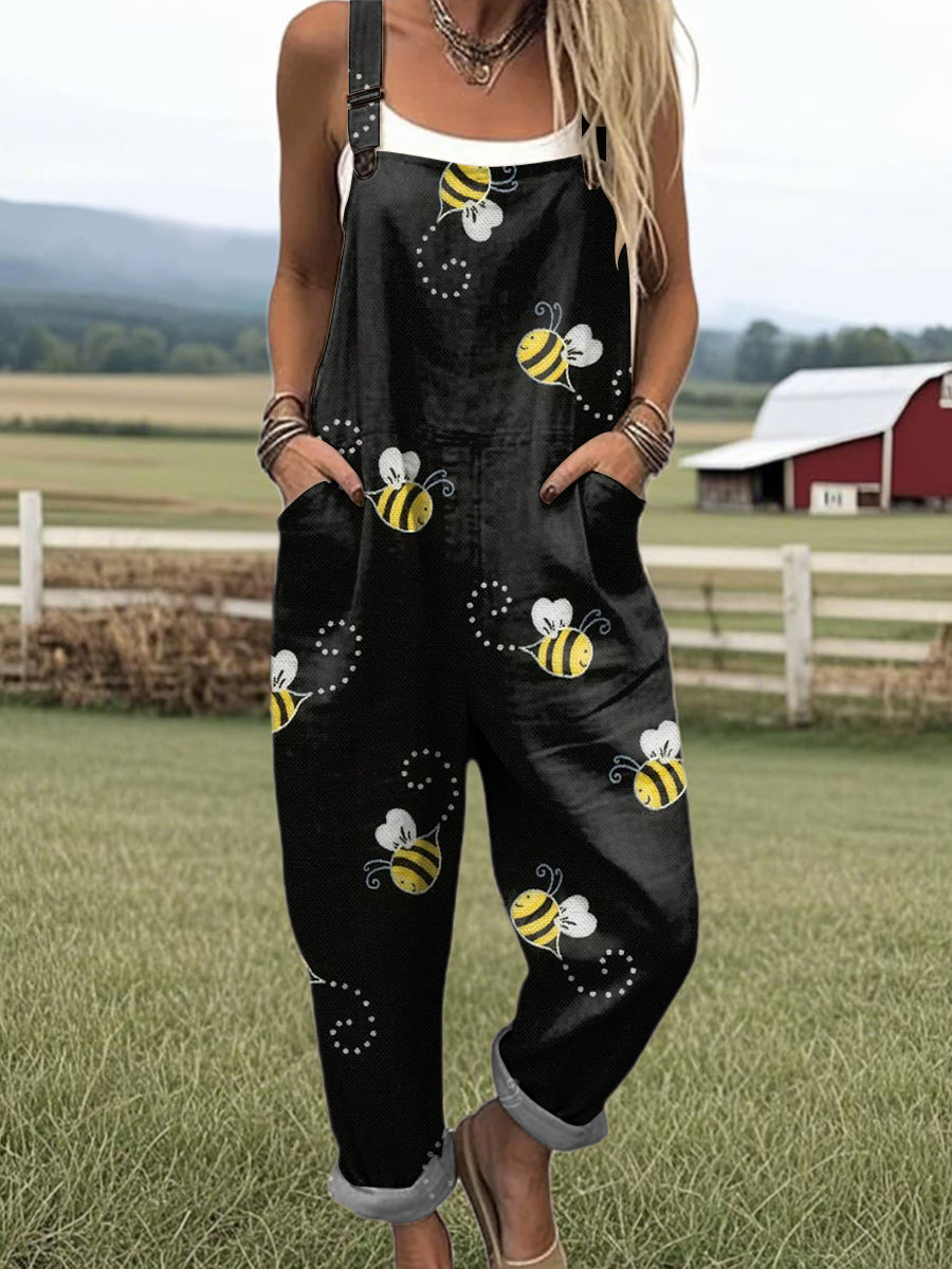 Women's Art Cute Bee Print Casual 100% Cotton Wide Leg Jumpsuit