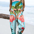 Women's Lovely Flamingo Art Print Casual 100% Cotton Wide Leg Jumpsuit