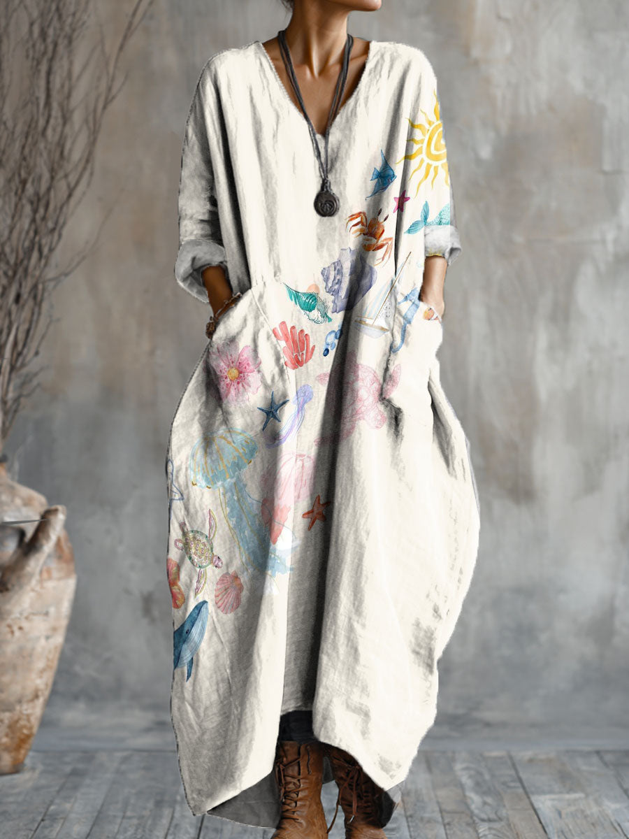 Women's Flower Island Art Pattern Print Pocket V-neck Cotton Dress