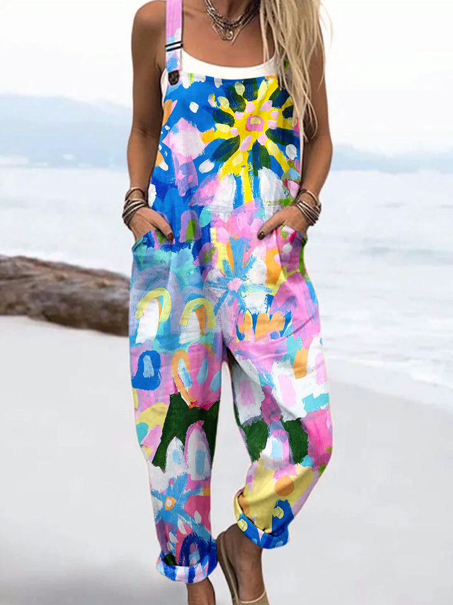 Women's Vintage Abstract Floral Art Print Casual 100% Cotton Wide Leg Jumpsuit