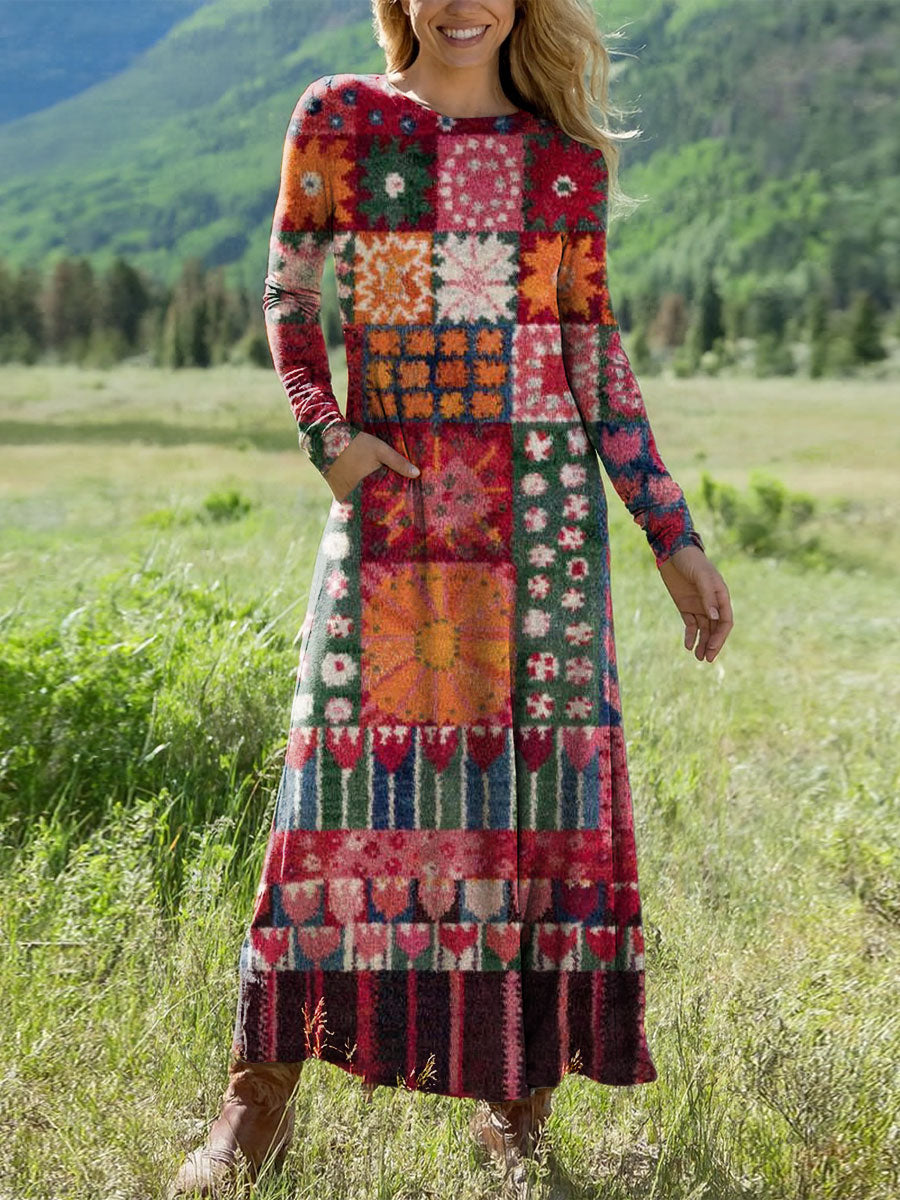 Women's Boho Vintage Flower Art Printed Long-sleeved Casual Dress