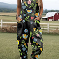 Women's  Vintage  Birds Flowers Art Print Casual 100% Cotton Wide Leg Jumpsuit