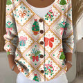 Christmas Tree Gift Plant Print Buttoned V-neck Cardigan Sweater