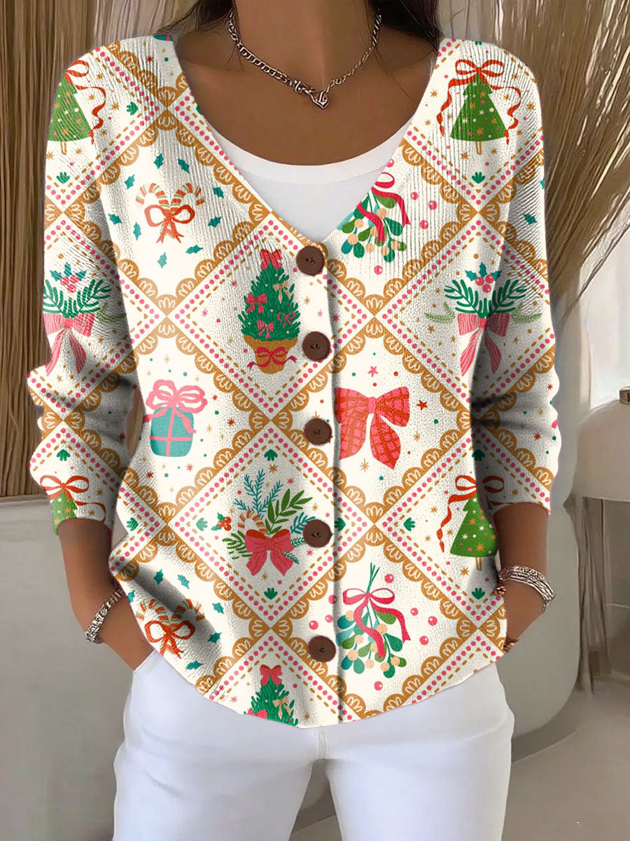 Christmas Tree Gift Plant Print Buttoned V-neck Cardigan Sweater