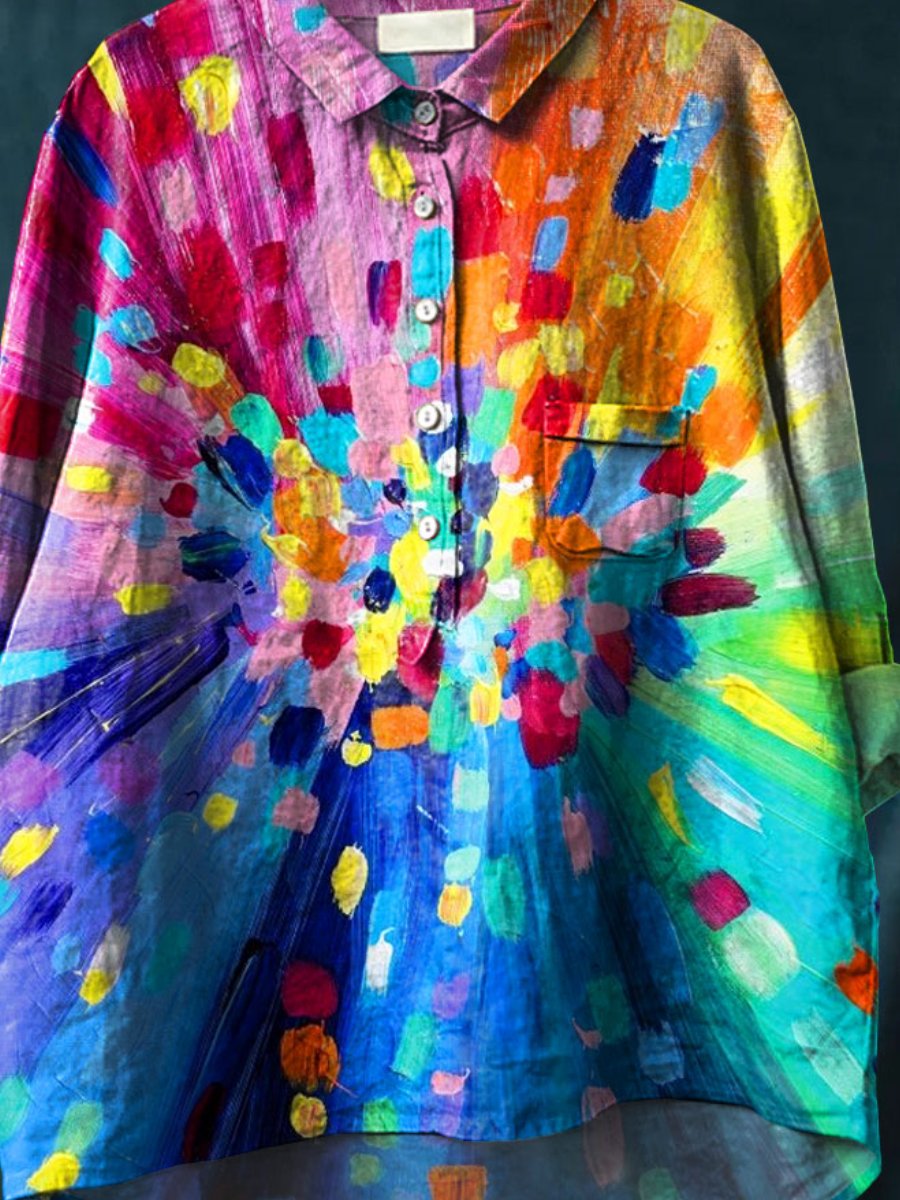 Women's Colorful Art Print Casual Cotton And Linen Shirt