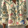 Women's  Vintage Flower Art Print Casual  Cotton And Linen Shirt