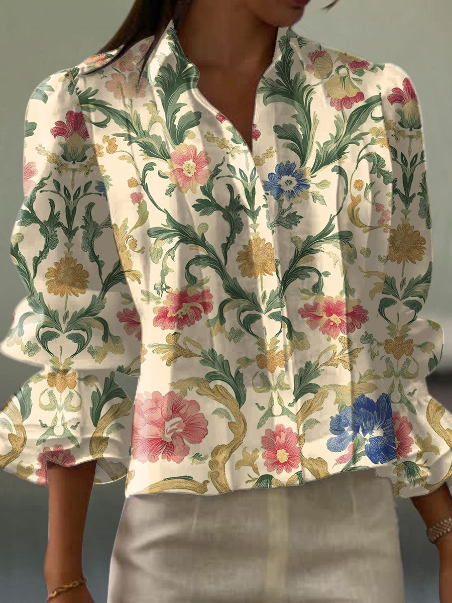 Women's  Vintage Flower Art Print Casual  Cotton And Linen Shirt