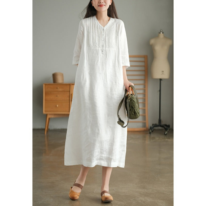 Summer Cotton Linen Midi Dress ¨C Stylish, Youthful, Casual V-Neck Pleated Long Dress, Lightweight & Over-the-Knee