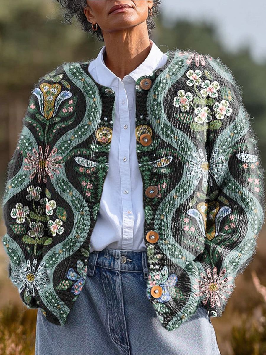 vintage-striped-floral-totem-art-print-buttoned-cardigan-sweater